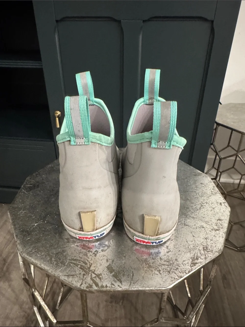 Xtratuf women’s Slip-On Deck Rain/muck Boots in Light Gray with Mint Trim